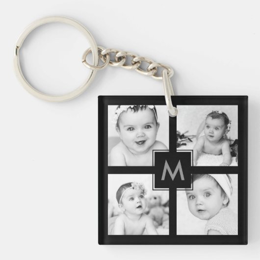 Aangepast Baby Foto Collage Initiaal Black Sleutelhanger (voorkant)