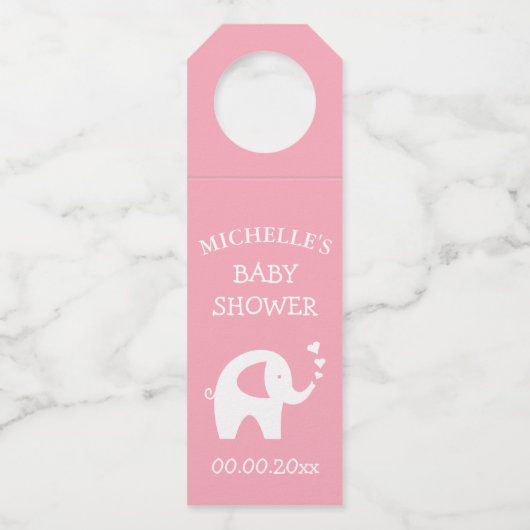 Aangepast baby shower met schattige roze olifant flessenhanger (Voorkant)