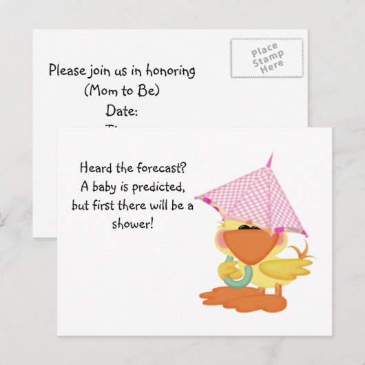 Aangepast Baby shower Nodig-Roze Eend In Regen Uitnodiging Briefkaart (Voorkant / Achterkant)