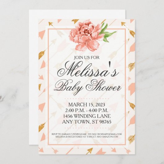 Aangepast Baby shower nodigt, roze en gouden pijle Kaart (Voorkant / Achterkant)
