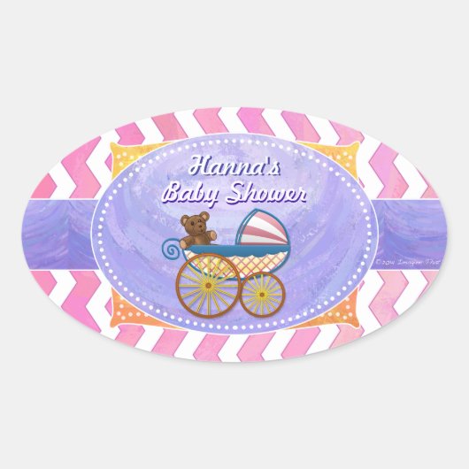 Aangepast Baby shower voor Paarse en roze Chevron Ovale Sticker (Voorkant)