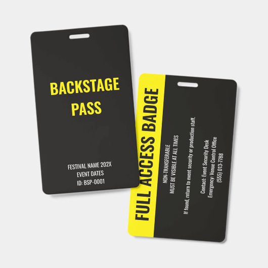 Aangepast backstage full access concert geel badge (Voor- en achterkant)