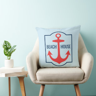 Aangepast beach House Coral and Navy Blue Anchor Kussen