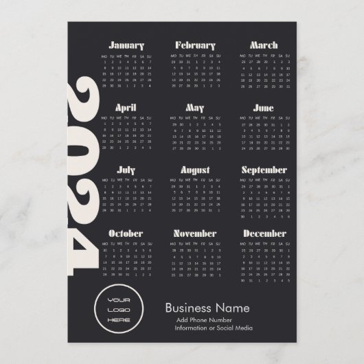 Aangepast bedrijf 2024 Kalender Zwart-wit Programmakaart (Voorkant)