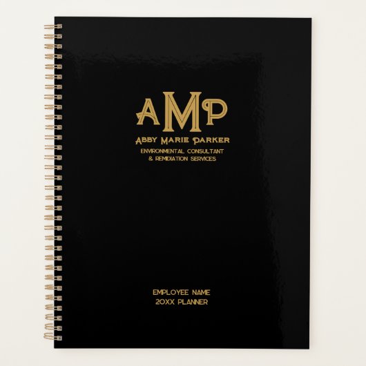Aangepast bedrijf Zwart Goud 3 Letter Monogram Log Planner (Voorkant)