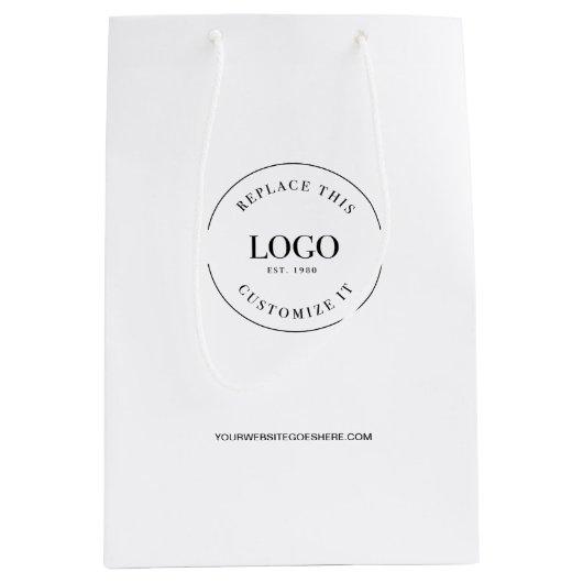 Aangepast bedrijfslogo en website in het wit medium cadeauzakje (Voorkant)