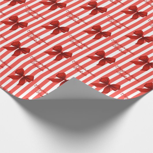 Aangepast bericht Rode Coquette Bogen Gefeliciteer Cadeaupapier (Hoek)