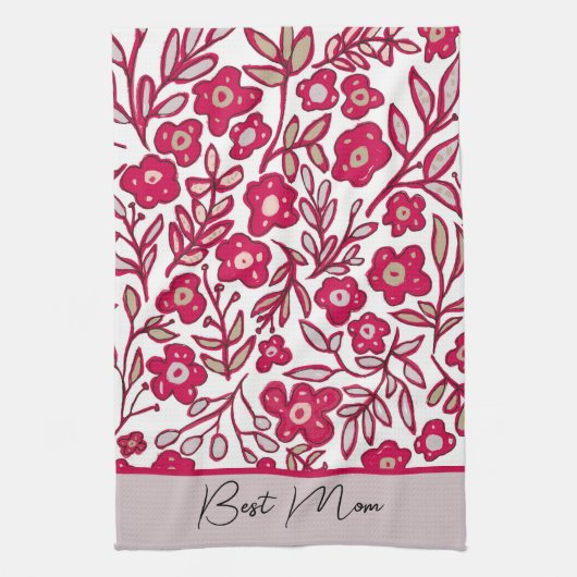 Aangepast beste mam Boho Floral Red Gray Kitchen T Theedoek (Verticaal)