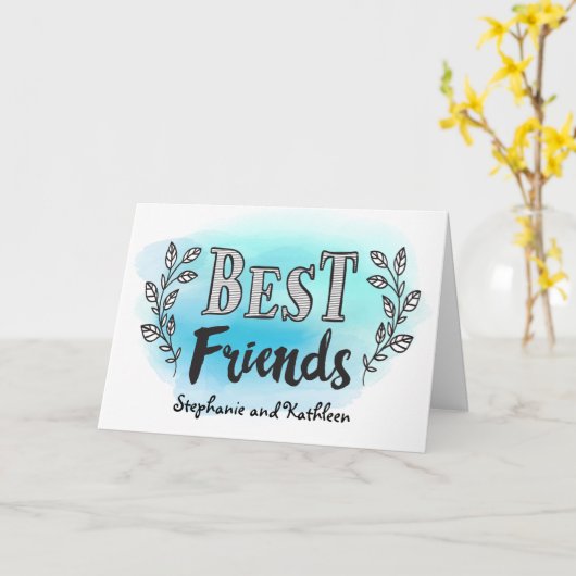 Aangepast beste vrienden Kaart op blauwe waterverf (Gele Bloem)
