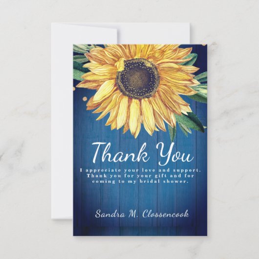 Aangepast, bijtend blauw zonnebloemhout aanpassen bedankkaart (Voorkant)