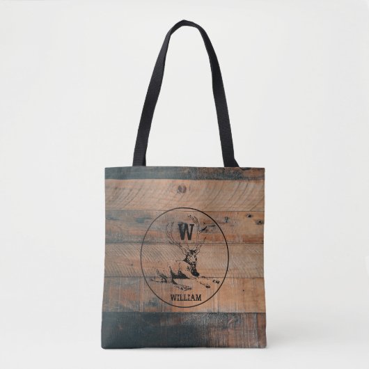 Aangepast bijtend hout, textiel en meer monogram tote bag (Voorkant)