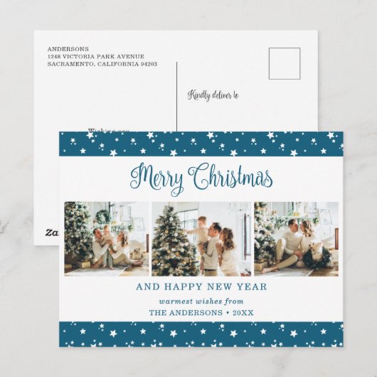Aangepast blauw 3-fotosterren kerstBriefkaarten Feestdagenkaart (Voorkant / Achterkant)