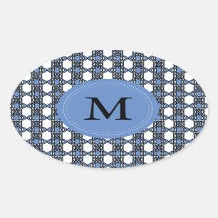 Aangepast blauw Abstract Scarab Patroonmonogram Ovale Sticker
