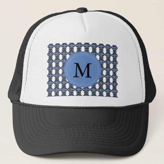 Aangepast blauw Abstract Scarab Patroonmonogram Trucker Pet (Voorkant)