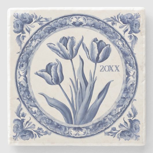 Aangepast Blauw Delfts Tulpen Souvenir Stenen Onderzetter (Voorkant)