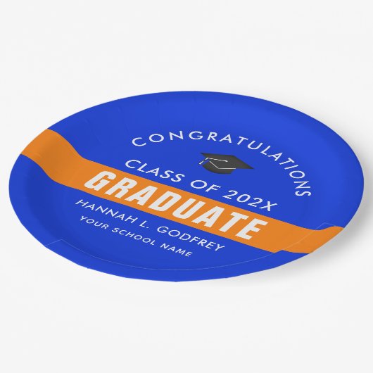 Aangepast blauw en Oranje Afstuderen Papieren Bordje (Gekanteld)