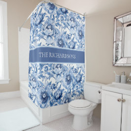 Aangepast blauw en wit chinoiserie bloempatroon douchegordijn