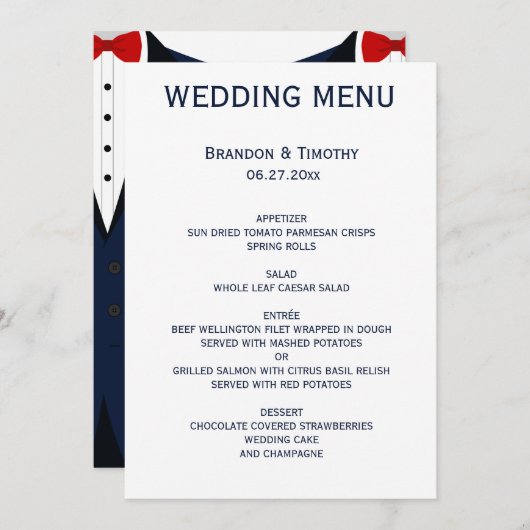 Aangepast blauw en wit homoseksueel huwelijksmenu menu (Voorkant / Achterkant)