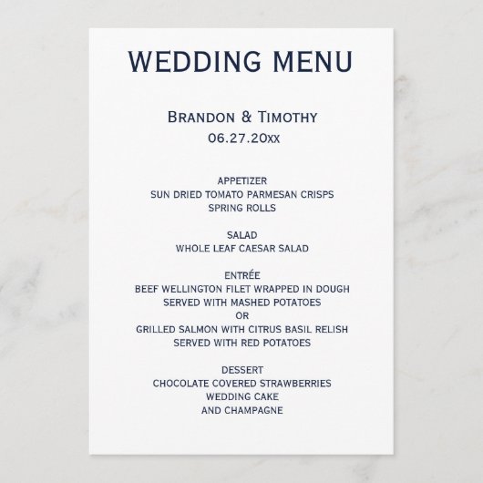 Aangepast blauw en wit homoseksueel huwelijksmenu menu (Voorkant)