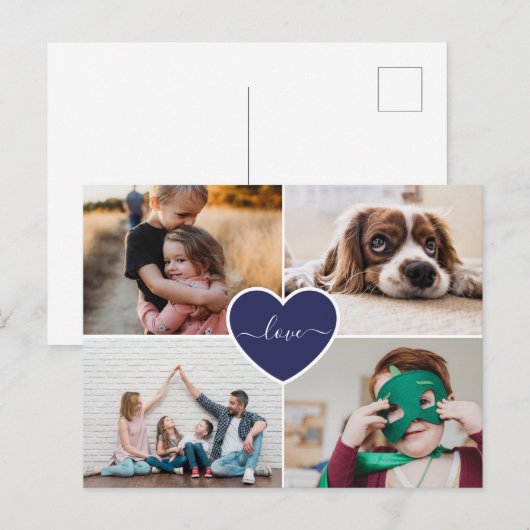 Aangepast blauw hart-liefdesfamilie Foto-collage Briefkaart (Voorkant / Achterkant)