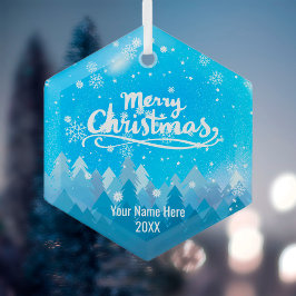 Aangepast blauw kristal Snow & Forest Merry-kerst Glas Ornament