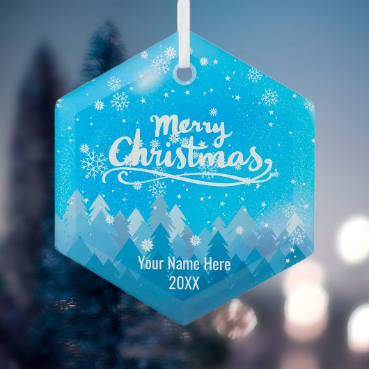 Aangepast blauw kristal Snow & Forest Merry-kerst Glas Ornament