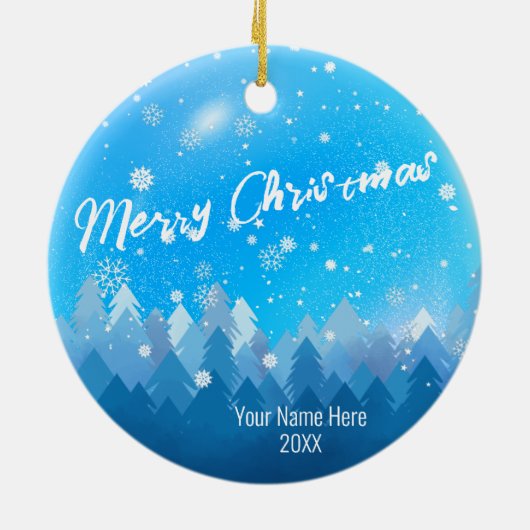 Aangepast blauw kristal Snow & Forest Merry-kerst Keramisch Ornament (Achterkant)