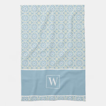 Aangepast blauw medaillonmonogram keukenhanddoek