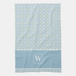 Aangepast blauw medaillonmonogram keukenhanddoek