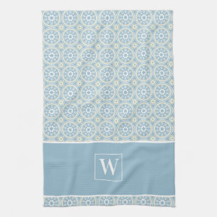 Aangepast blauw medaillonmonogram keukenhanddoek