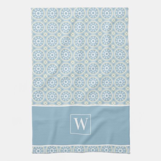 Aangepast blauw medaillonmonogram keukenhanddoek (Verticaal)