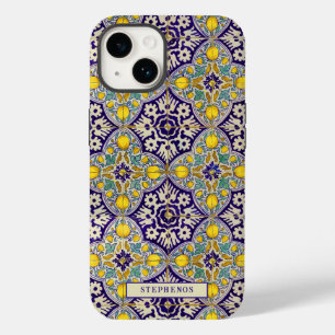 Aangepast blauw mediterraan patroongele bloesems Case-Mate iPhone 14 hoesje