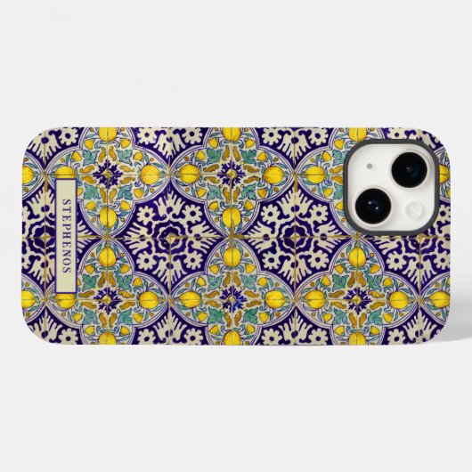 Aangepast blauw mediterraan patroongele bloesems Case-Mate iPhone case (Achterkant (horizontaal))