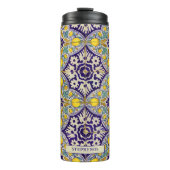 Aangepast blauw mediterraan patroongele bloesems thermosbeker (Voorkant)