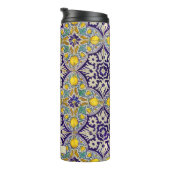 Aangepast blauw mediterraan patroongele bloesems thermosbeker (Geroteerd rechts)