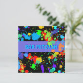 Aangepast, Blauw, Paarse verfspatten, Bar Mitzvah Kaart (Staand voorkant)