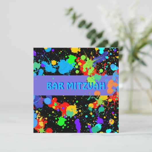 Aangepast, Blauw, Paarse verfspatten, Bar Mitzvah Kaart (Staand voorkant)