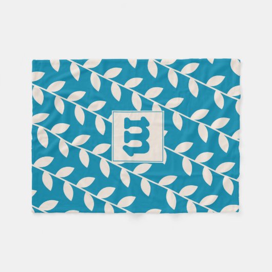 Aangepast Blauw Retro Blad Patroon Monogram Fleece Deken (Voorkant (Horizontaal))