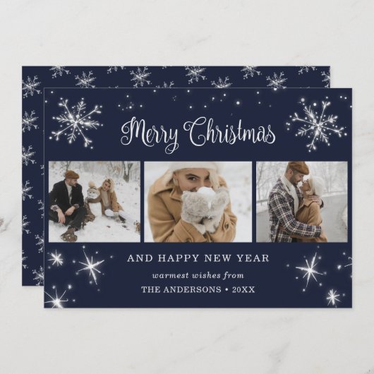 Aangepast blauw Sparkly Snowflake Photo Collage Feestdagenkaart (Voorkant / Achterkant)