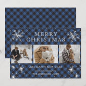 Aangepast blauw speldensnowflake 3 Foto-collage Feestdagenkaart (Voorkant / Achterkant)