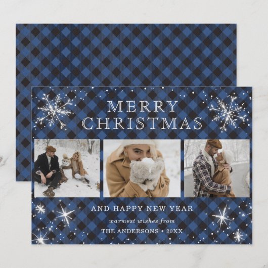 Aangepast blauw speldensnowflake 3 Foto-collage Feestdagenkaart (Voorkant / Achterkant)