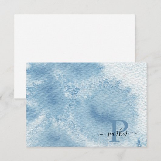 Aangepast blauw Waterverf Initiaal Naam Monogram Bedankkaart (Voorkant / Achterkant)