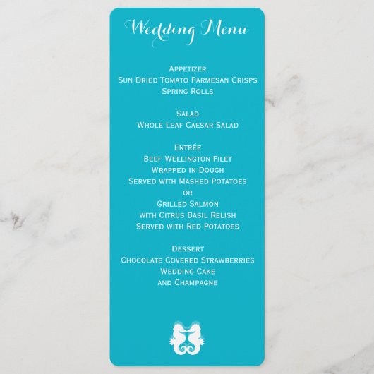 Aangepast Blauw Witte Zeepaardje Trouwmenu Menu (Voorkant)