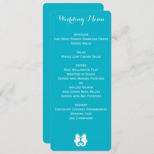 Aangepast Blauw Witte Zeepaardje Trouwmenu Menu (Voorkant / Achterkant)