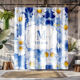 Aangepast blauwe waterverf madeliefjes monogram de douchegordijn