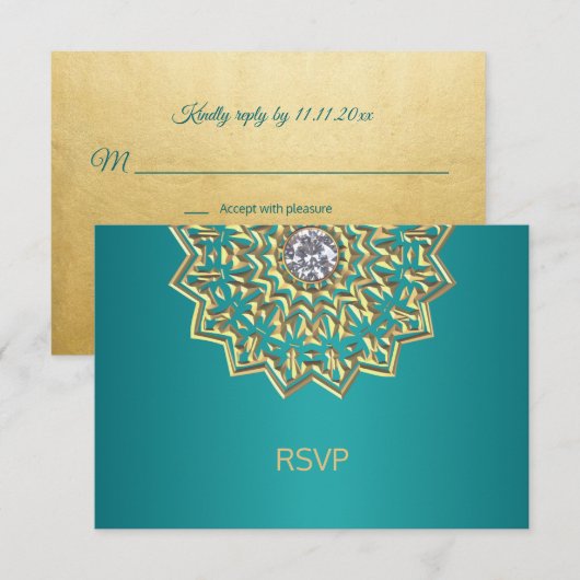 Aangepast Blauwgroen blauw goud Indiaas Mandala RS RSVP Kaartje (Voorkant / Achterkant)