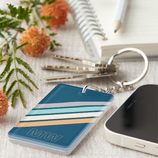 Aangepast Blauwgroen blauw Turquoise Gele Stripes  Sleutelhanger (Voorkant Rechts)