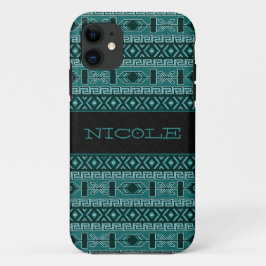 Aangepast Blauwgroen en zwart Aztec-patroon iPhone 11 Hoesje