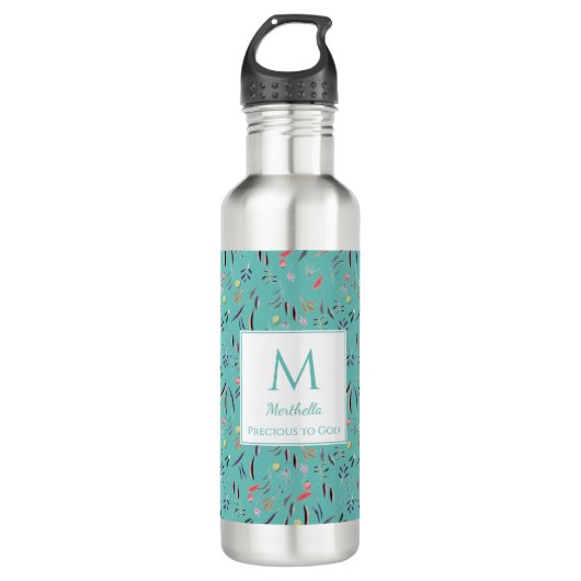 Aangepast BLAUWGROEN Floral monogram licht Waterfles (Voorkant)