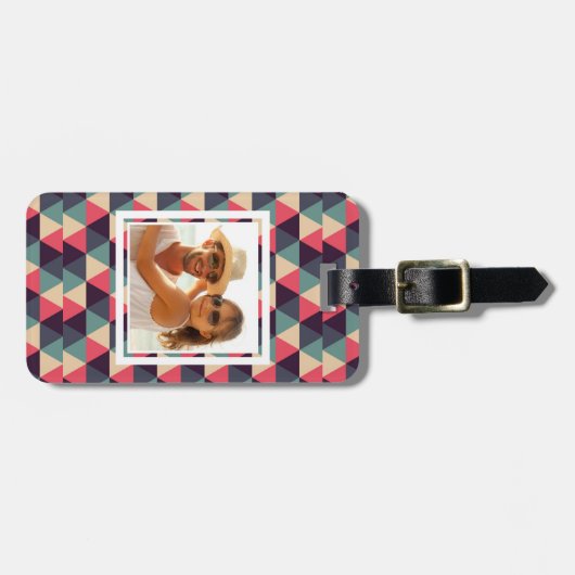 Aangepast Blauwgroen foto- en roze driehoekspatroo Bagagelabel (Voorkant horizontaal)